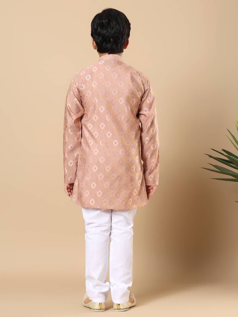 Boys peach cotton blend ikat woven pattern kurta & pyjama set