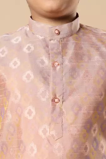 Boys peach cotton blend ikat woven pattern kurta & pyjama set