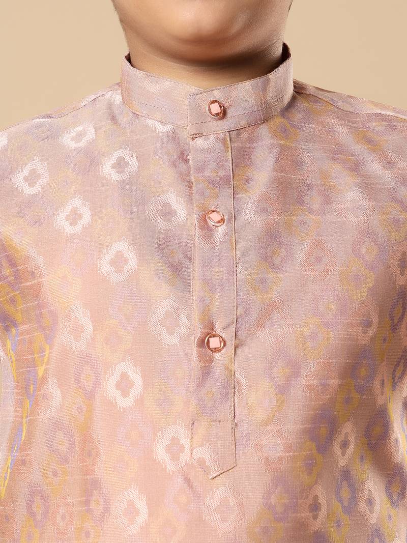 Boys peach cotton blend ikat woven pattern kurta & pyjama set