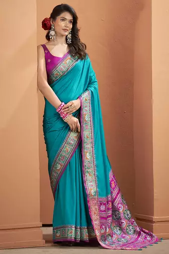 Aqua blue patola silk party wear saree