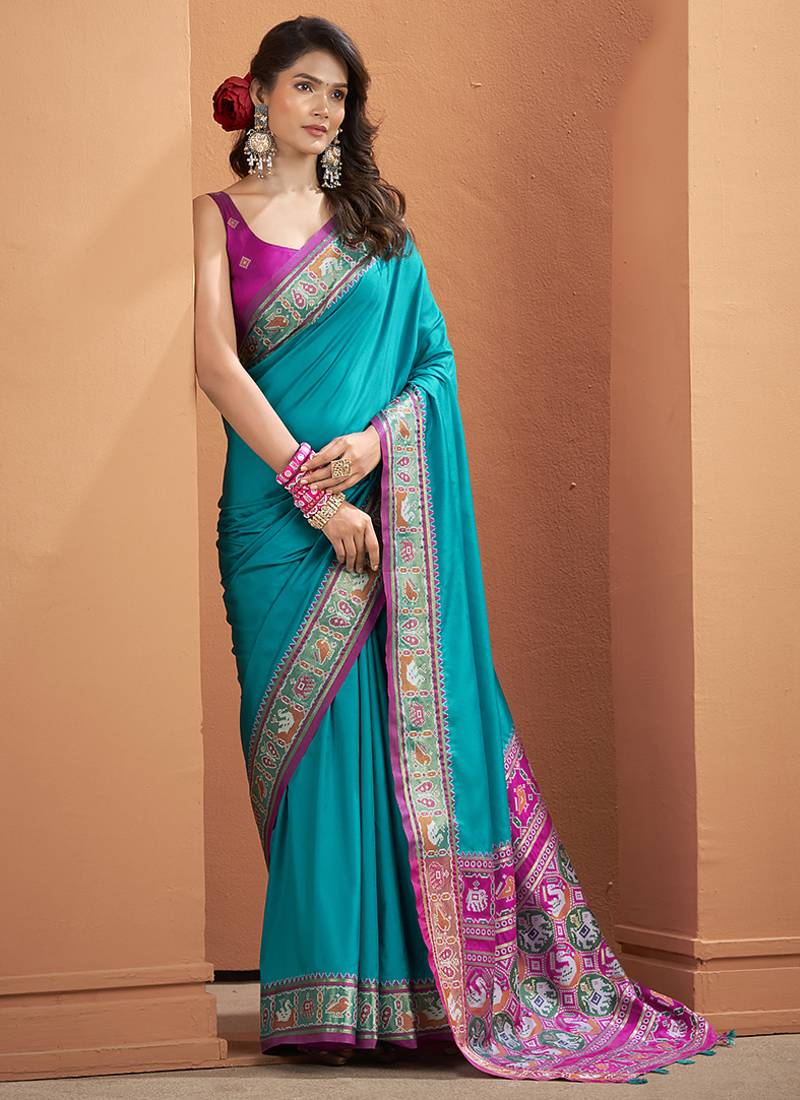 Aqua blue patola silk party wear saree