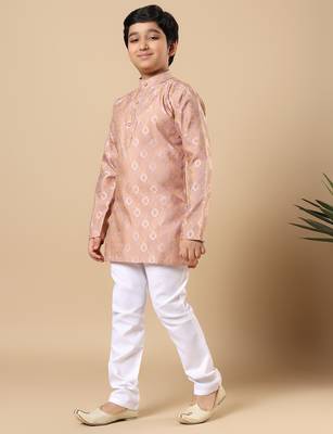 Boys peach cotton blend ikat woven pattern kurta & pyjama set 4