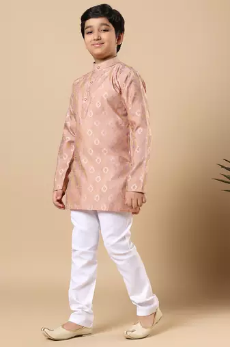 Boys peach cotton blend ikat woven pattern kurta & pyjama set