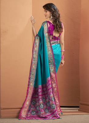 Aqua blue patola silk party wear saree 2