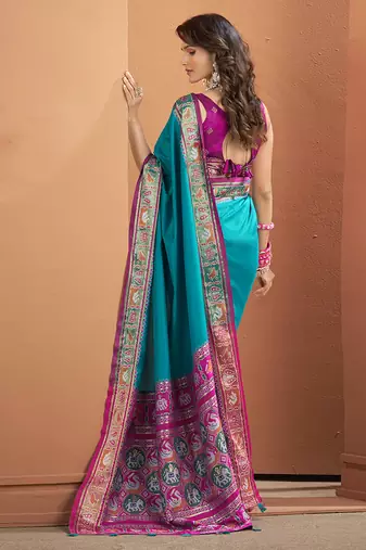 Aqua blue patola silk party wear saree