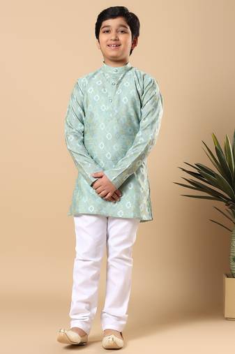 Boys sea green cotton blend ikat woven pattern kurta & pyjama set