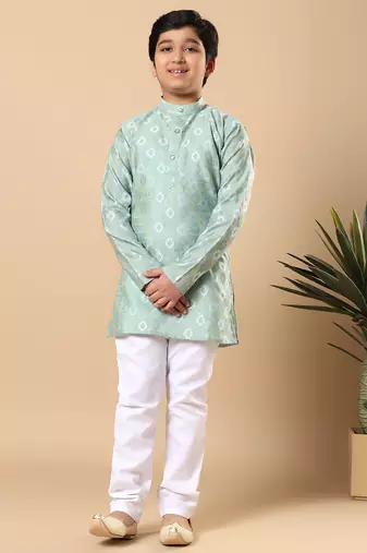 Boys sea green cotton blend ikat woven pattern kurta & pyjama set