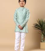 Boys sea green cotton blend ikat woven pattern kurta & pyjama set
