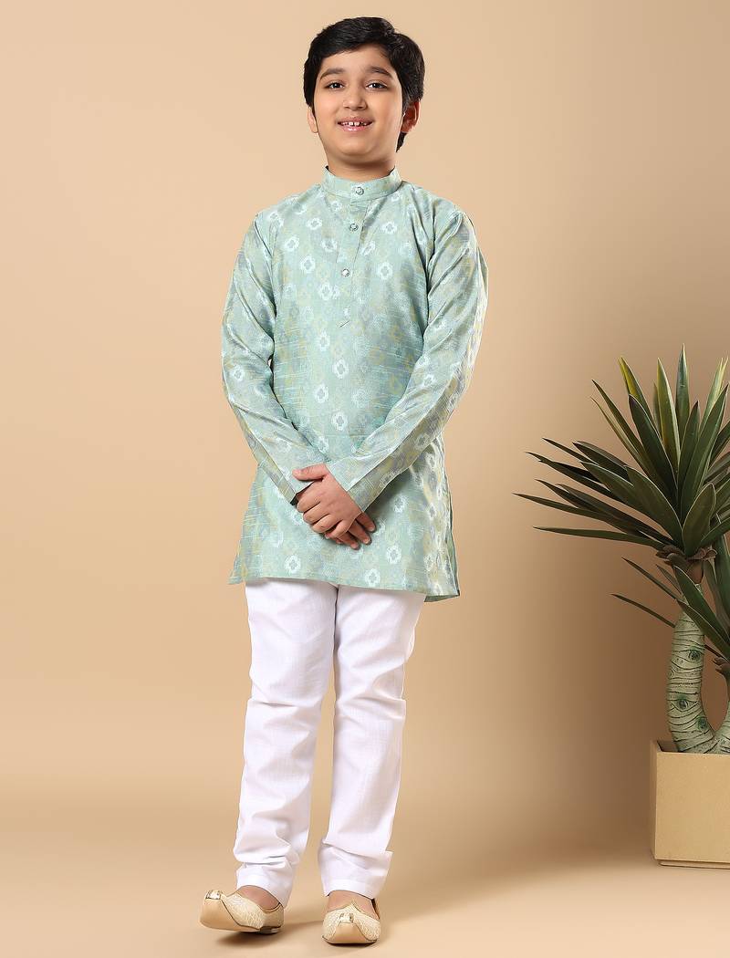 Boys sea green cotton blend ikat woven pattern kurta & pyjama set