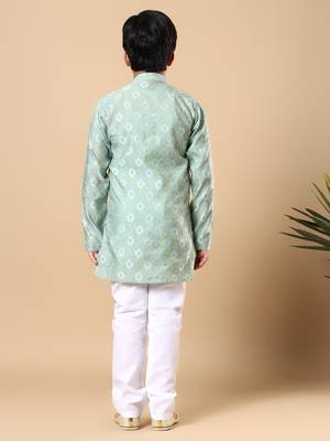 Boys sea green cotton blend ikat woven pattern kurta & pyjama set 2