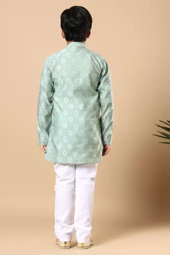 Boys sea green cotton blend ikat woven pattern kurta & pyjama set