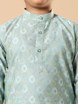 Boys sea green cotton blend ikat woven pattern kurta & pyjama set 3