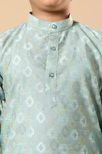 Boys sea green cotton blend ikat woven pattern kurta & pyjama set