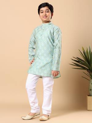 Boys sea green cotton blend ikat woven pattern kurta & pyjama set 4