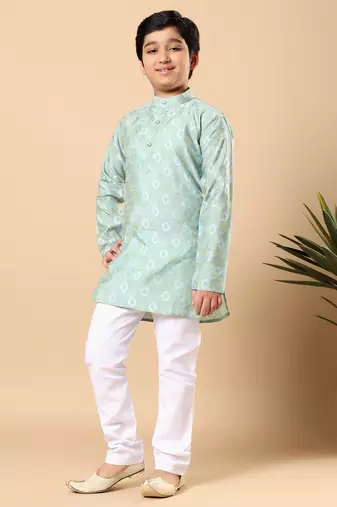 Boys sea green cotton blend ikat woven pattern kurta & pyjama set