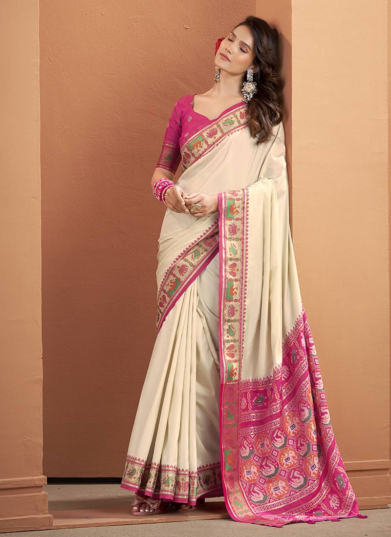 Cream patola silk party wear saree