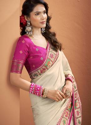 Cream patola silk party wear saree 4