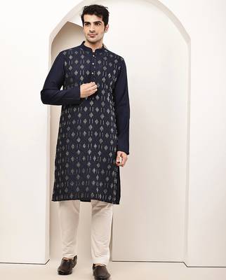 Men's straight navy blue viscose silk embroidery kurta full sleeve 1