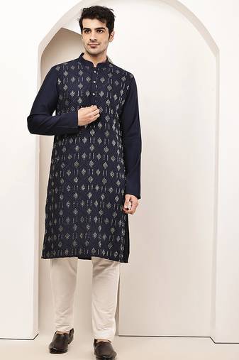 Men's straight navy blue viscose silk embroidery kurta full sleeve