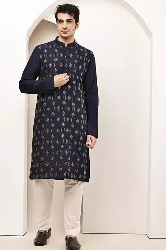 Men's straight navy blue viscose silk embroidery kurta full sleeve