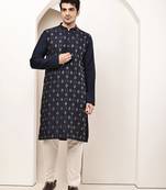 Men's straight navy blue viscose silk embroidery kurta full sleeve