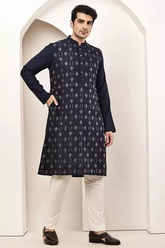 Men's straight navy blue viscose silk embroidery kurta full sleeve
