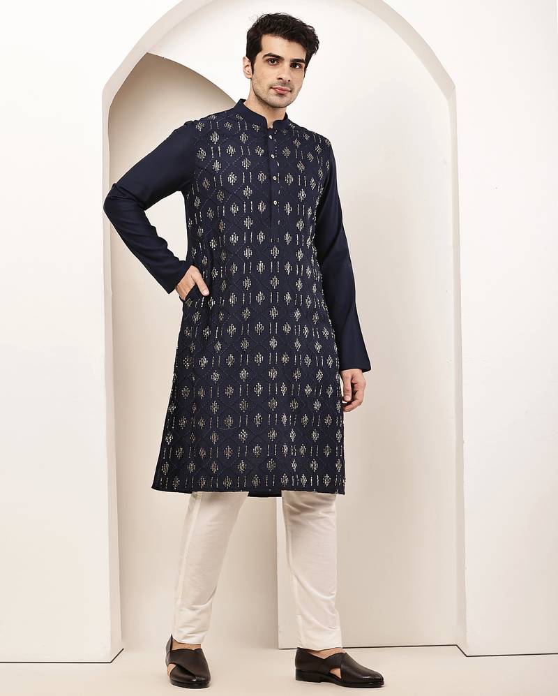 Men's straight navy blue viscose silk embroidery kurta full sleeve