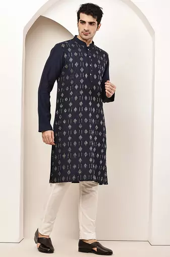 Men's straight navy blue viscose silk embroidery kurta full sleeve