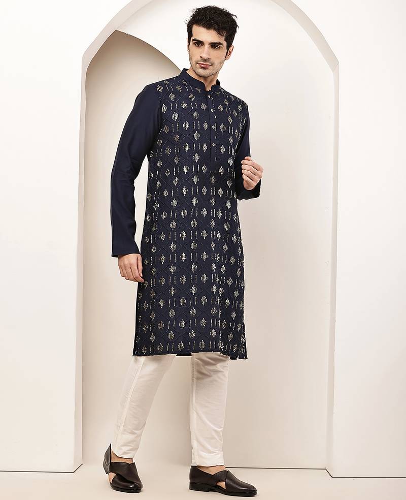 Men's straight navy blue viscose silk embroidery kurta full sleeve