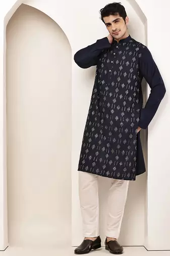 Men's straight navy blue viscose silk embroidery kurta full sleeve