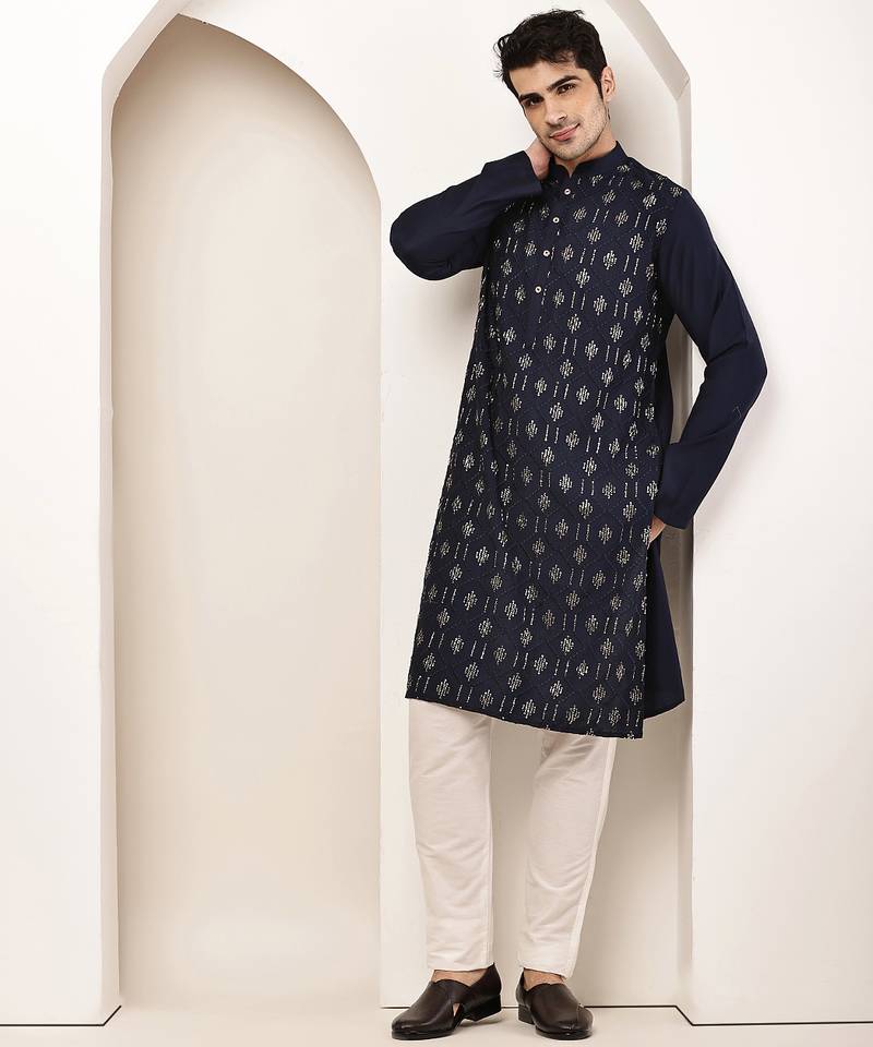Men's straight navy blue viscose silk embroidery kurta full sleeve
