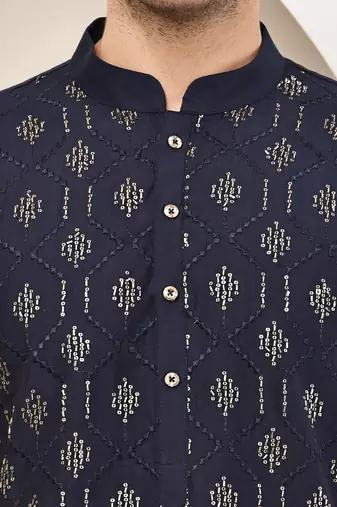 Men's straight navy blue viscose silk embroidery kurta full sleeve
