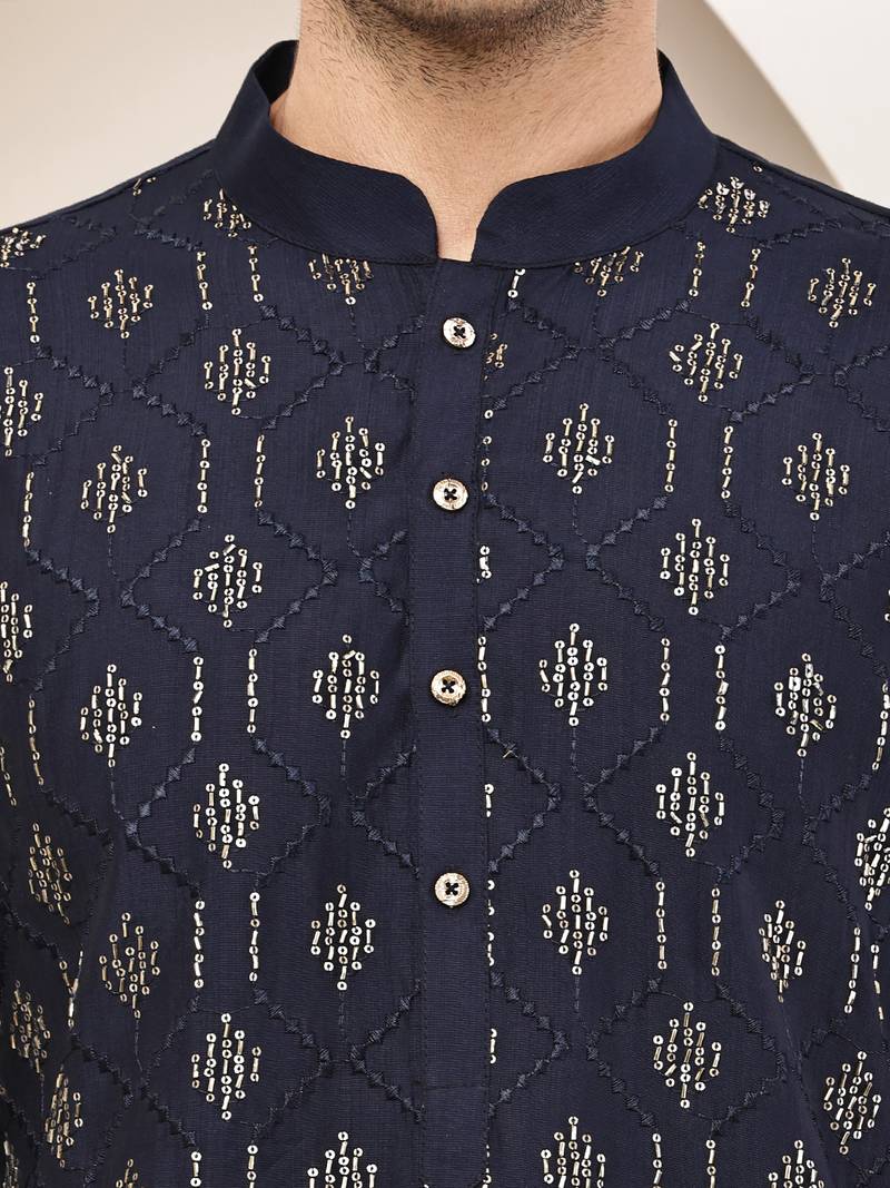 Men's straight navy blue viscose silk embroidery kurta full sleeve
