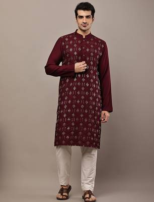 Men's straight maroon viscose silk embroidery kurta full sleeve 1