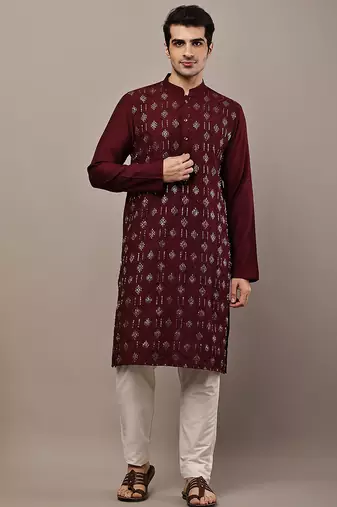 Men's straight maroon viscose silk embroidery kurta full sleeve