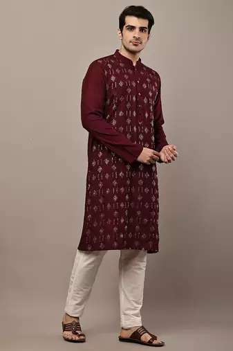 Men's straight maroon viscose silk embroidery kurta full sleeve