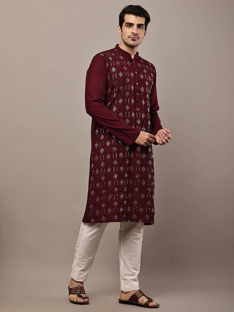 Men's straight maroon viscose silk embroidery kurta full sleeve