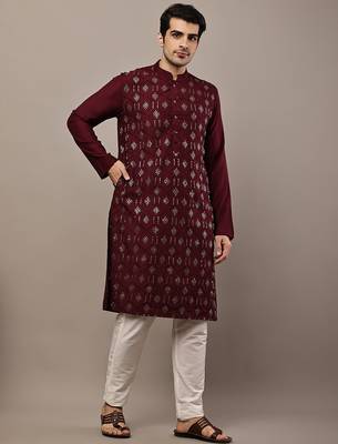 Men's straight maroon viscose silk embroidery kurta full sleeve 3