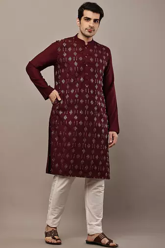 Men's straight maroon viscose silk embroidery kurta full sleeve