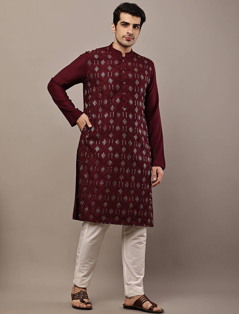 Men's straight maroon viscose silk embroidery kurta full sleeve
