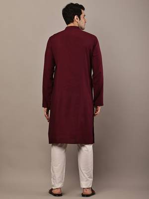 Men's straight maroon viscose silk embroidery kurta full sleeve 4