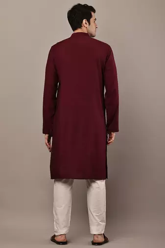 Men's straight maroon viscose silk embroidery kurta full sleeve