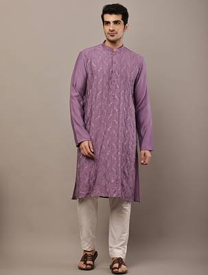 Men's straight lavender viscose silk embroidery kurta full sleeve 1