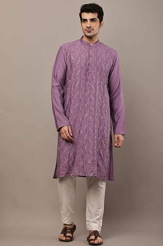Men's straight lavender viscose silk embroidery kurta full sleeve