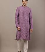 Men's straight lavender viscose silk embroidery kurta full sleeve