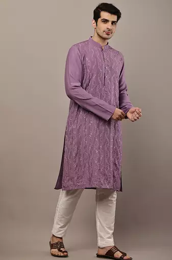 Men's straight lavender viscose silk embroidery kurta full sleeve