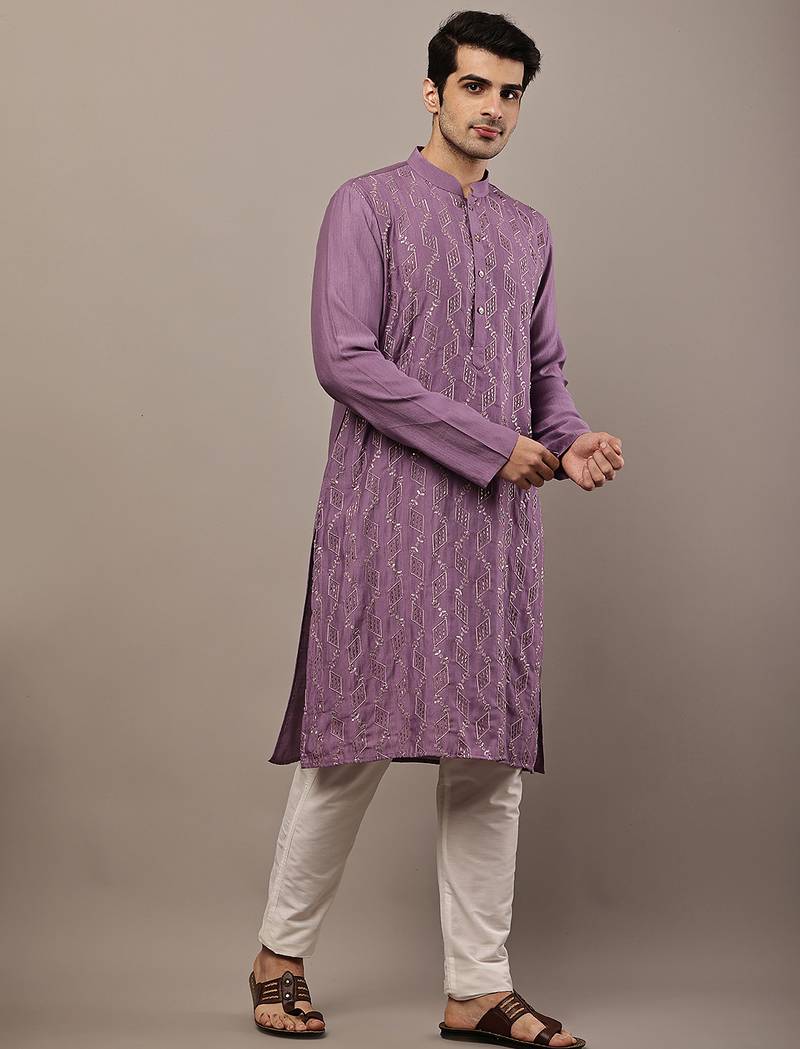 Men's straight lavender viscose silk embroidery kurta full sleeve