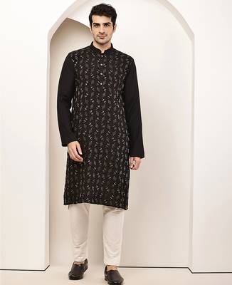 Men's straight black viscose silk embroidery kurta full sleeve 1