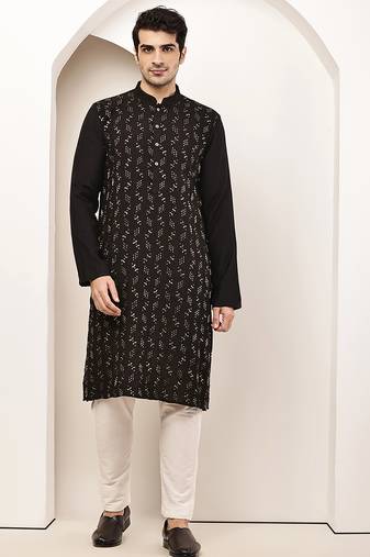 Men's straight black viscose silk embroidery kurta full sleeve