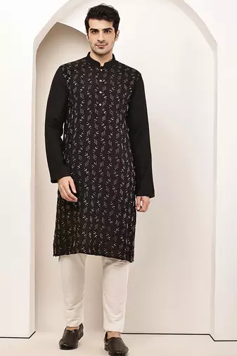 Men's straight black viscose silk embroidery kurta full sleeve
